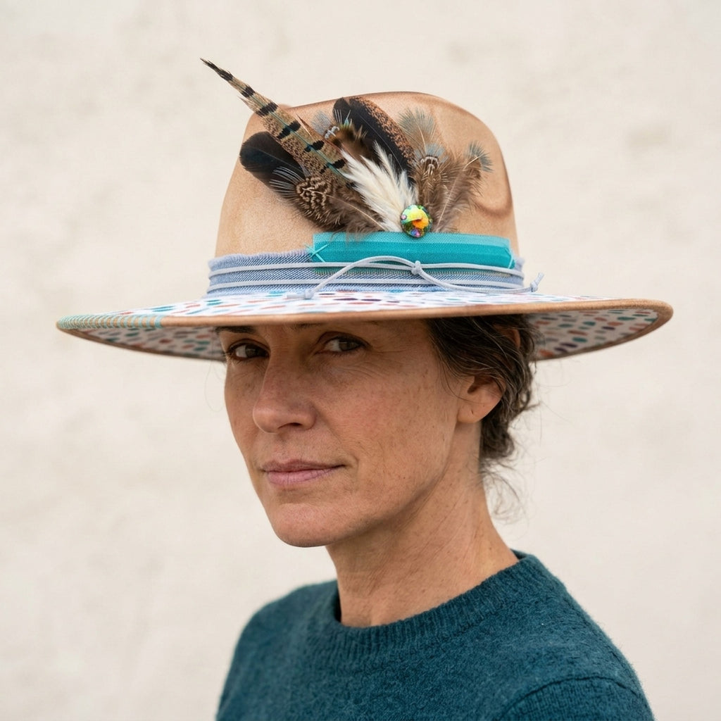 Tan Festival Fedora with Painted Confetti Brim and Feathers