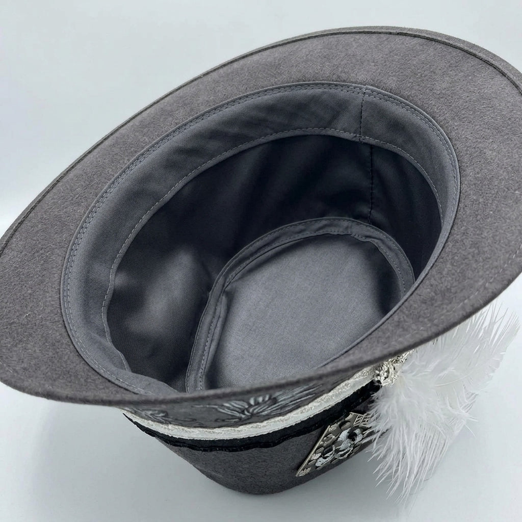 Gray Flocked Fedora Hat with Floral Brim Print and Feather