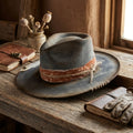 Distressed Grey Felt Fedora with Orange Patterned Band