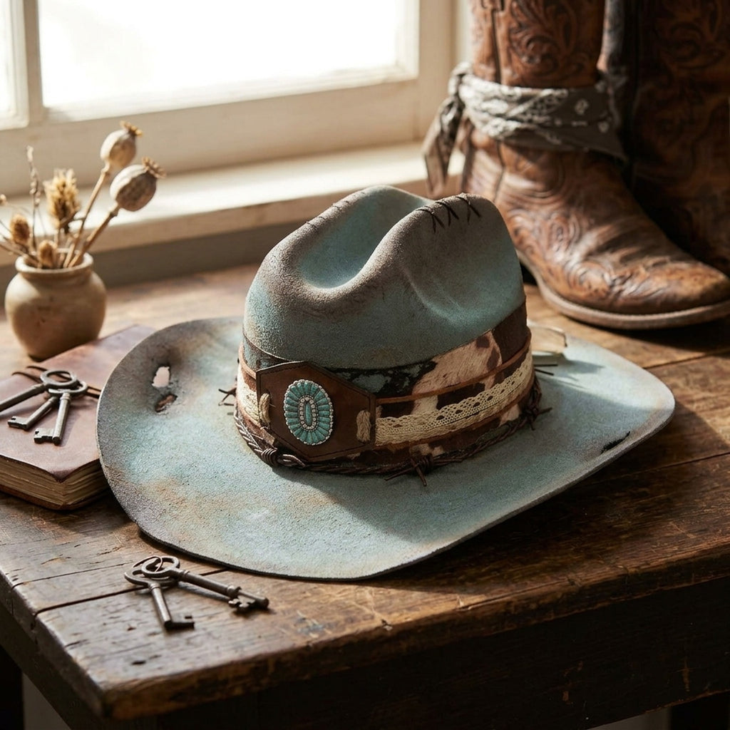 Teal Gradient Western Hat with Turquoise Concho and Lace Trim