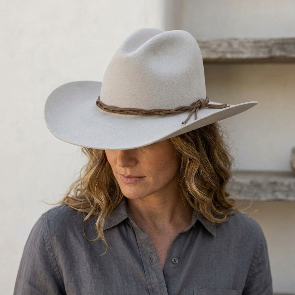 Light Gray Wool Felt Cowboy Hat with Braided Leather Band