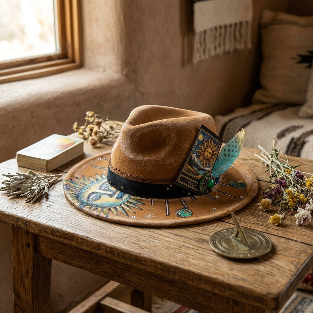 Hand-Painted Sun and Moon Fedora in Copper Rust Vegan Leather