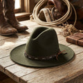 Dark Olive Boho Felt Hat with Cross-Stitched Leather Band