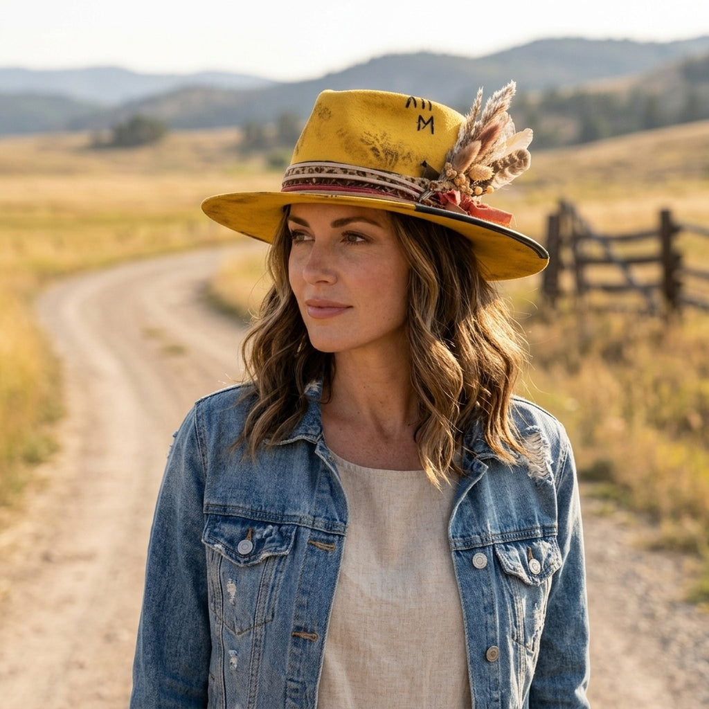 Distressed Yellow Felt Western Hat Roman Numeral Marking
