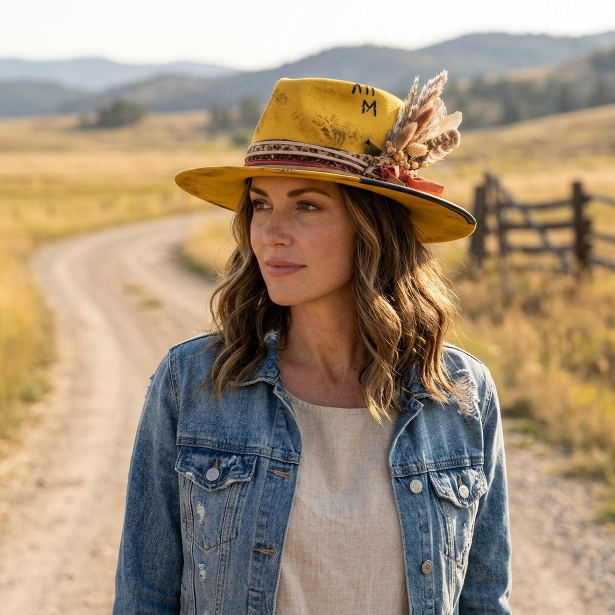 Distressed Yellow Felt Western Hat Roman Numeral Marking
