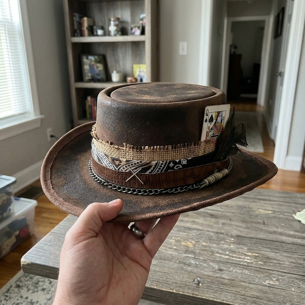Vintage Brown Pork Pie Hat with Playing Cards and Feather Band