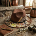 Hand-Painted Brown Western Fedora with Feather and Leather Band