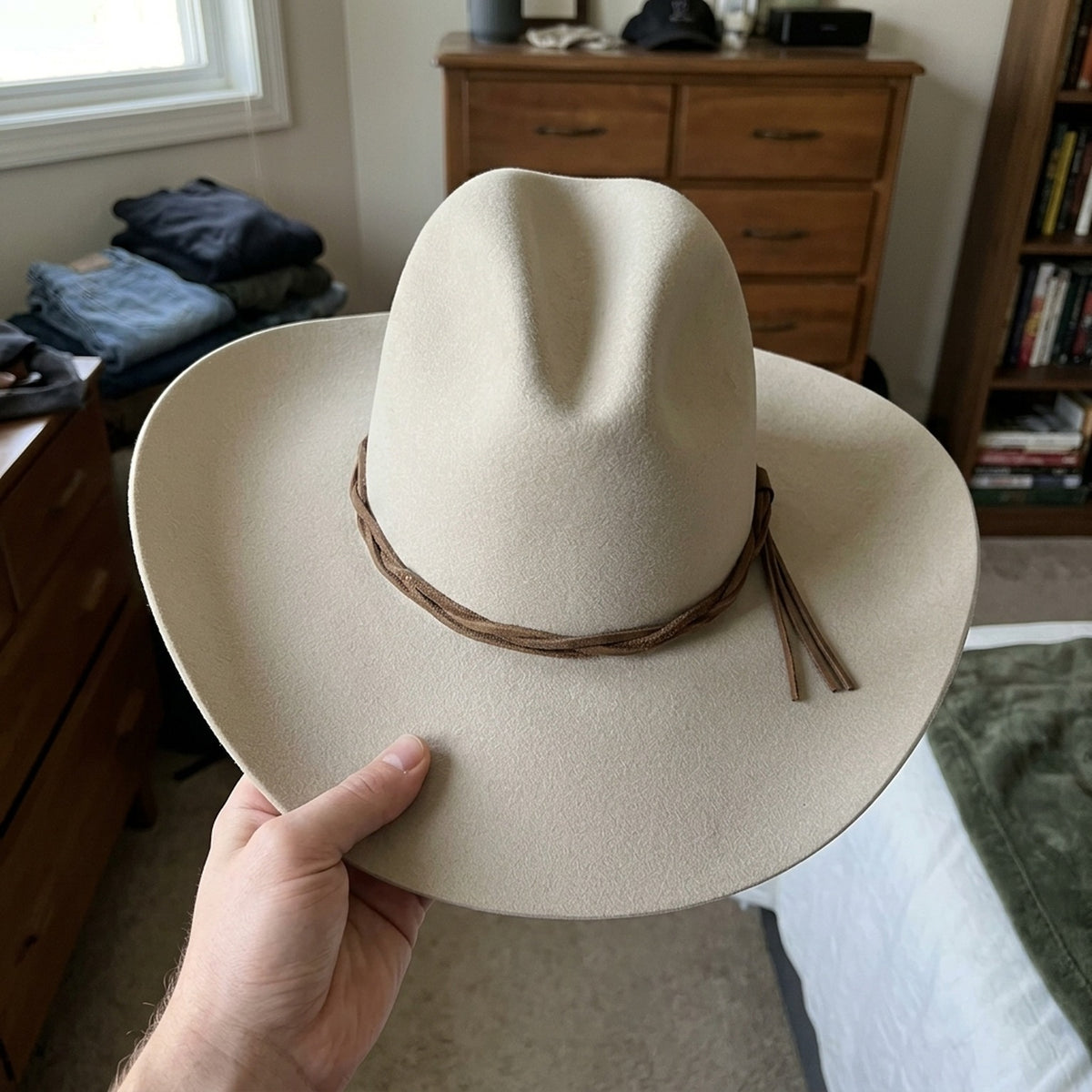 Light Gray Wool Felt Cowboy Hat with Braided Leather Band