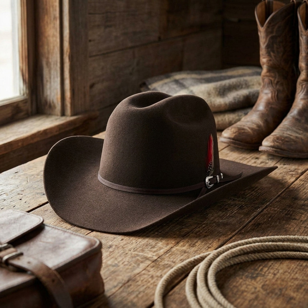 Dark Brown Wool Felt Cowboy Hat with Ribbon and Feather Detail