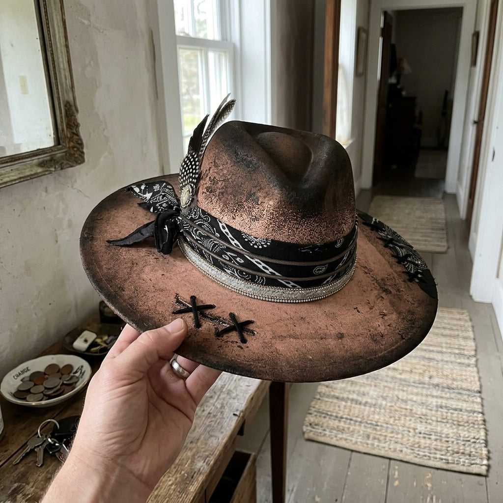 Copper Distressed Fedora with Bandana, Rhinestones and Stitch Stars