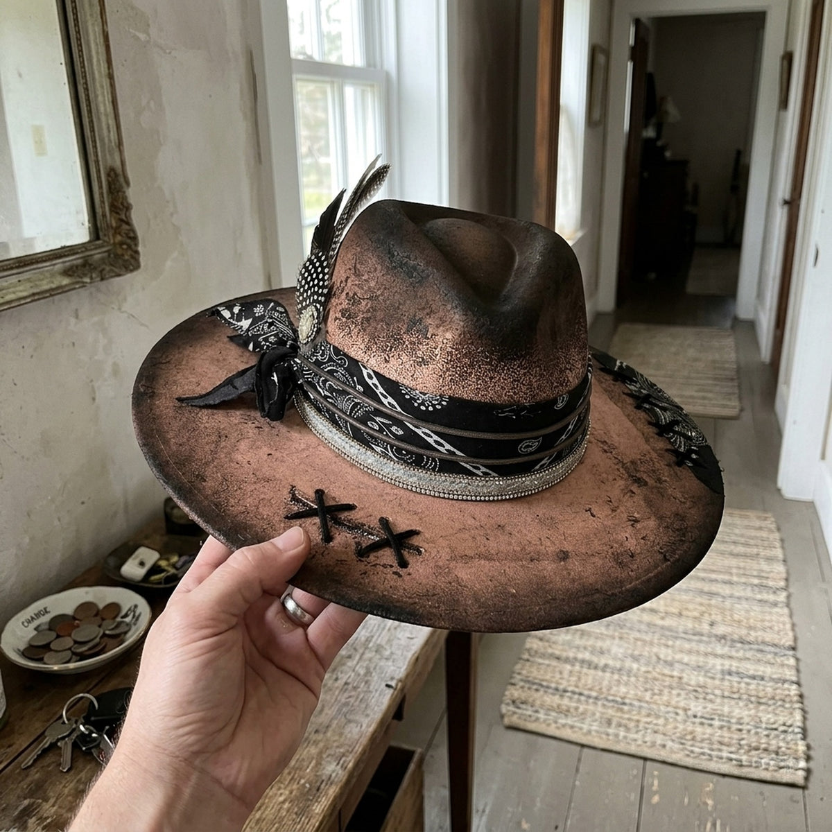 Copper Distressed Fedora with Bandana, Rhinestones and Stitch Stars