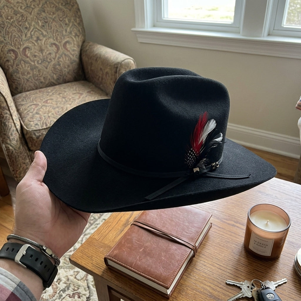 Black Wool Felt Cowboy Hat with Feather Detail