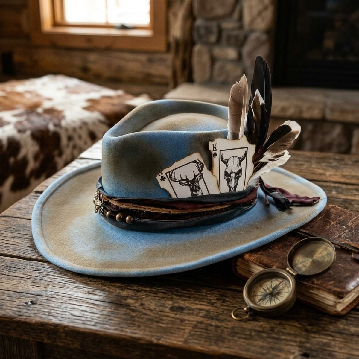 Sky Blue Distressed Western Hat With Skull Cards And Leather Straps
