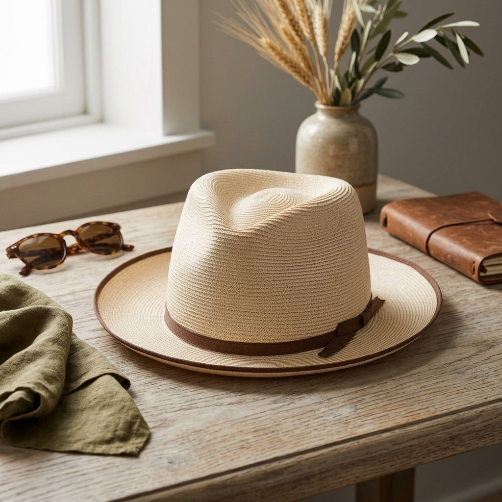 Natural Beige Straw Fedora with Brown Trim and Strap