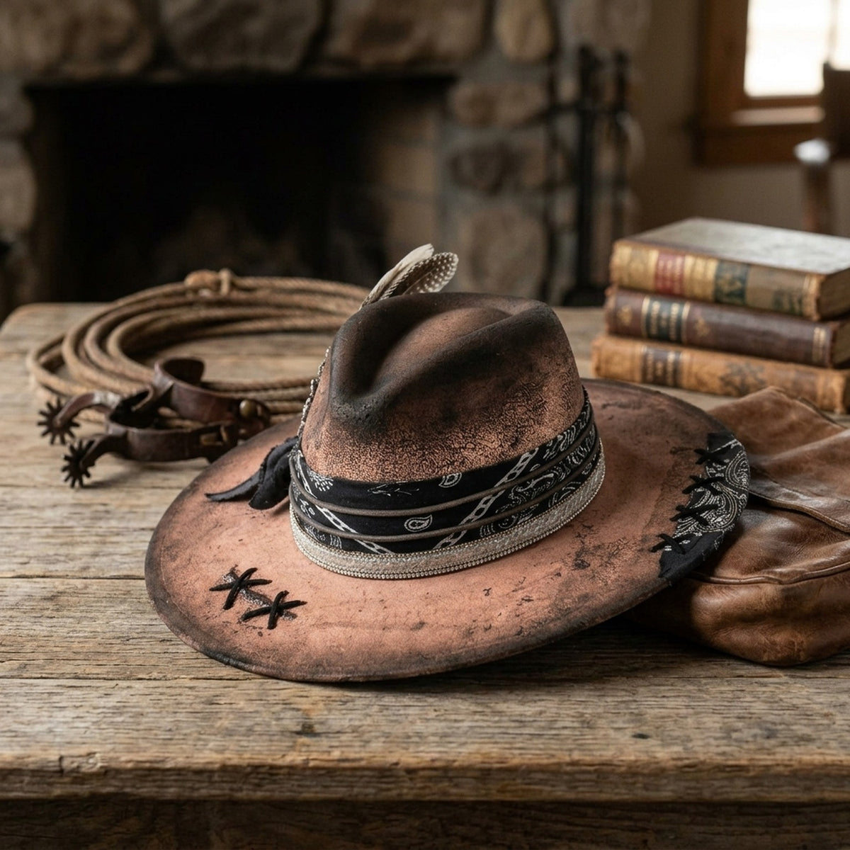 Copper Distressed Fedora with Bandana, Rhinestones and Stitch Stars