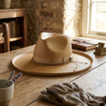 Tan Straw Western Hat with Beaded Trim Band and Curled Brim
