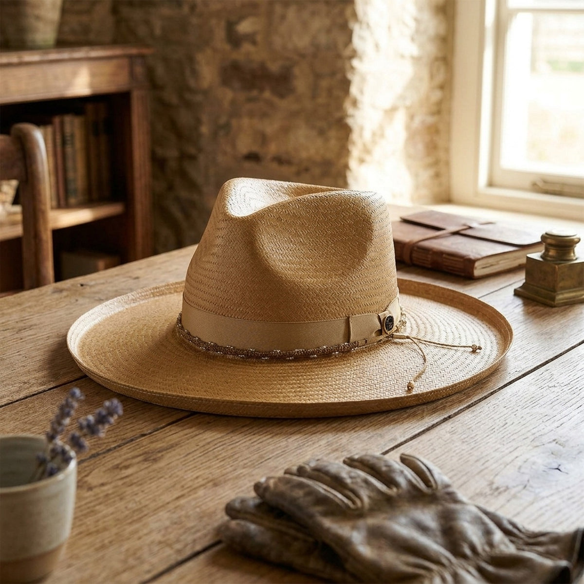 Tan Straw Western Hat with Beaded Trim Band and Curled Brim