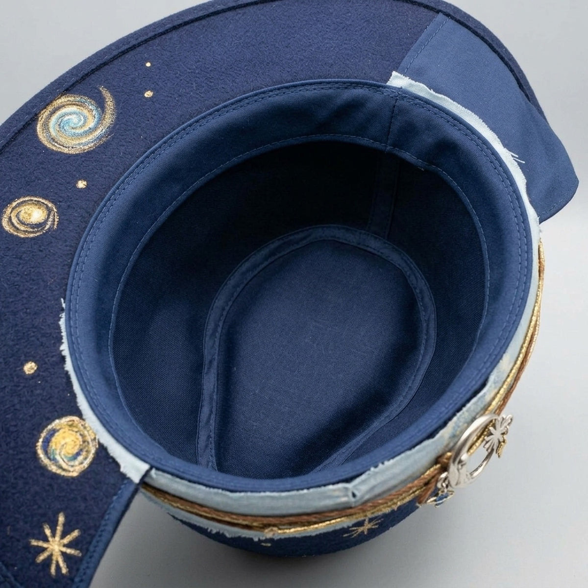 Navy Hand-Painted Starry Sky Fedora with Moon Charm Cluster
