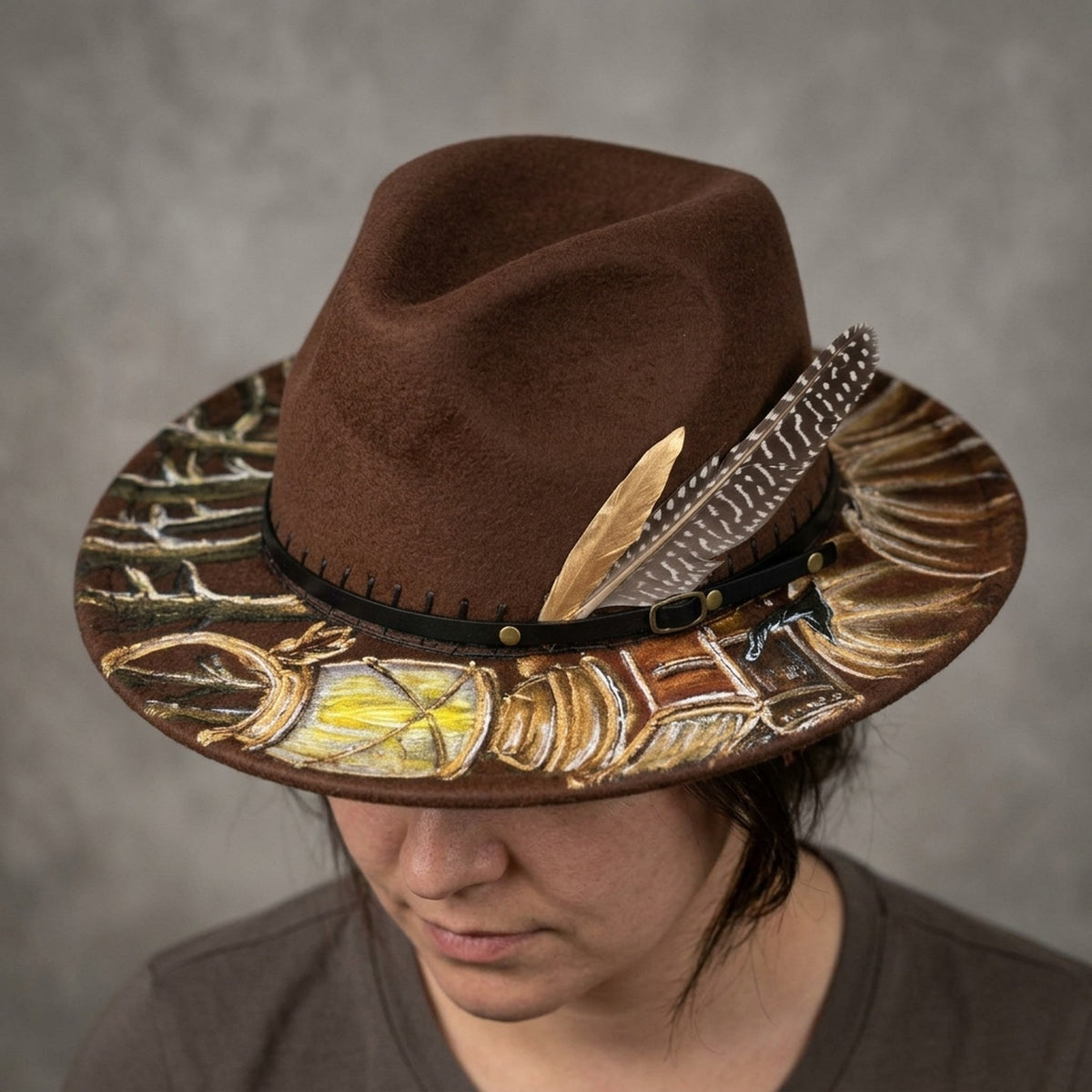 Hand-Painted Brown Western Fedora with Feather and Leather Band