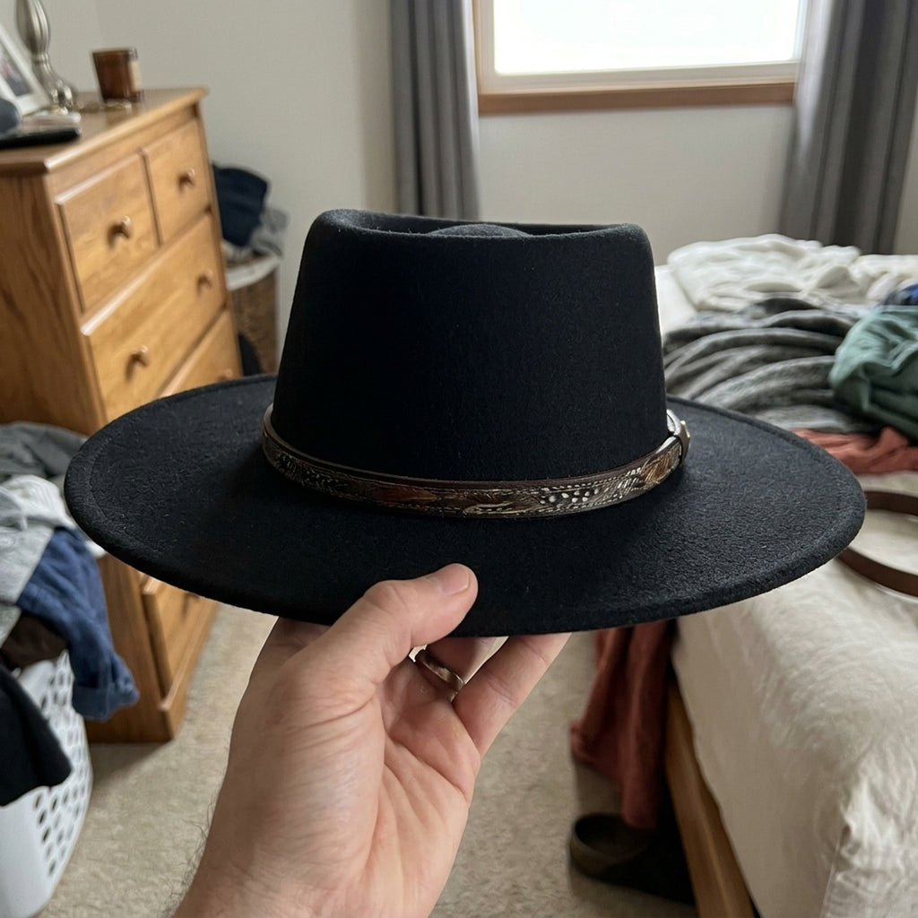 Unisex Black Flat Top Fedora with Feather Leather Band