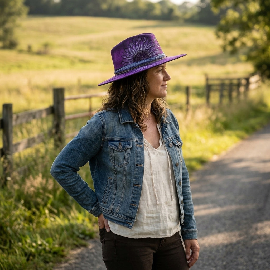 Purple Floral Fedora with Painted Sunflower and Jeweled Brooch