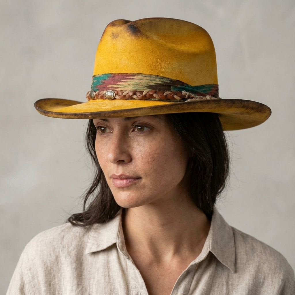 Festival Yellow Fedora with Braided Leather Concho Band