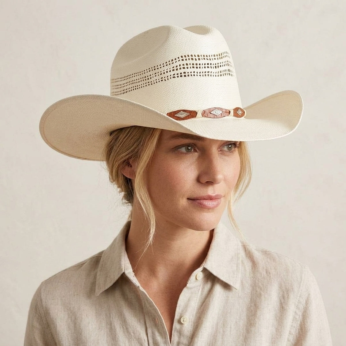 Cream Straw Western Hat with Vented Crown and Diamond Stud Band