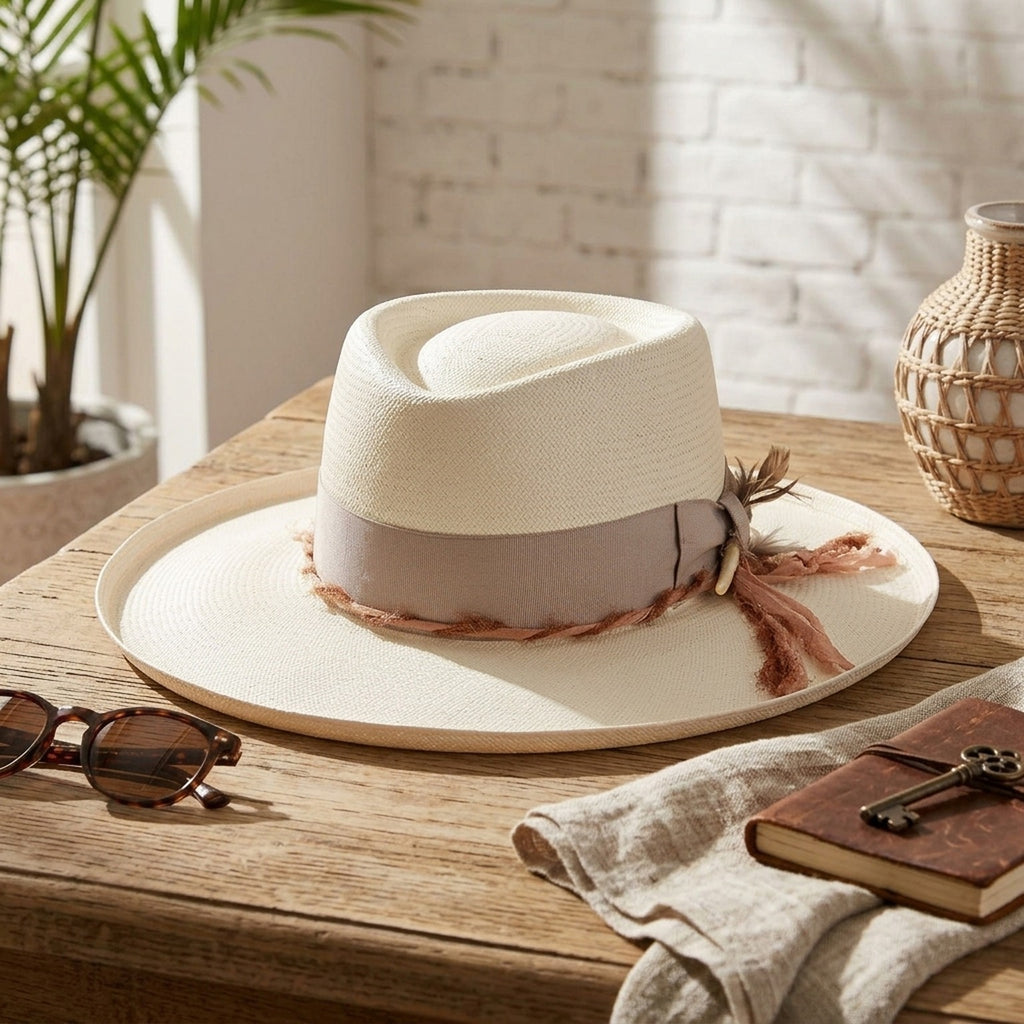 Ivory Felt Fedora Hat with Frayed Pink Ribbon Band and Feathers
