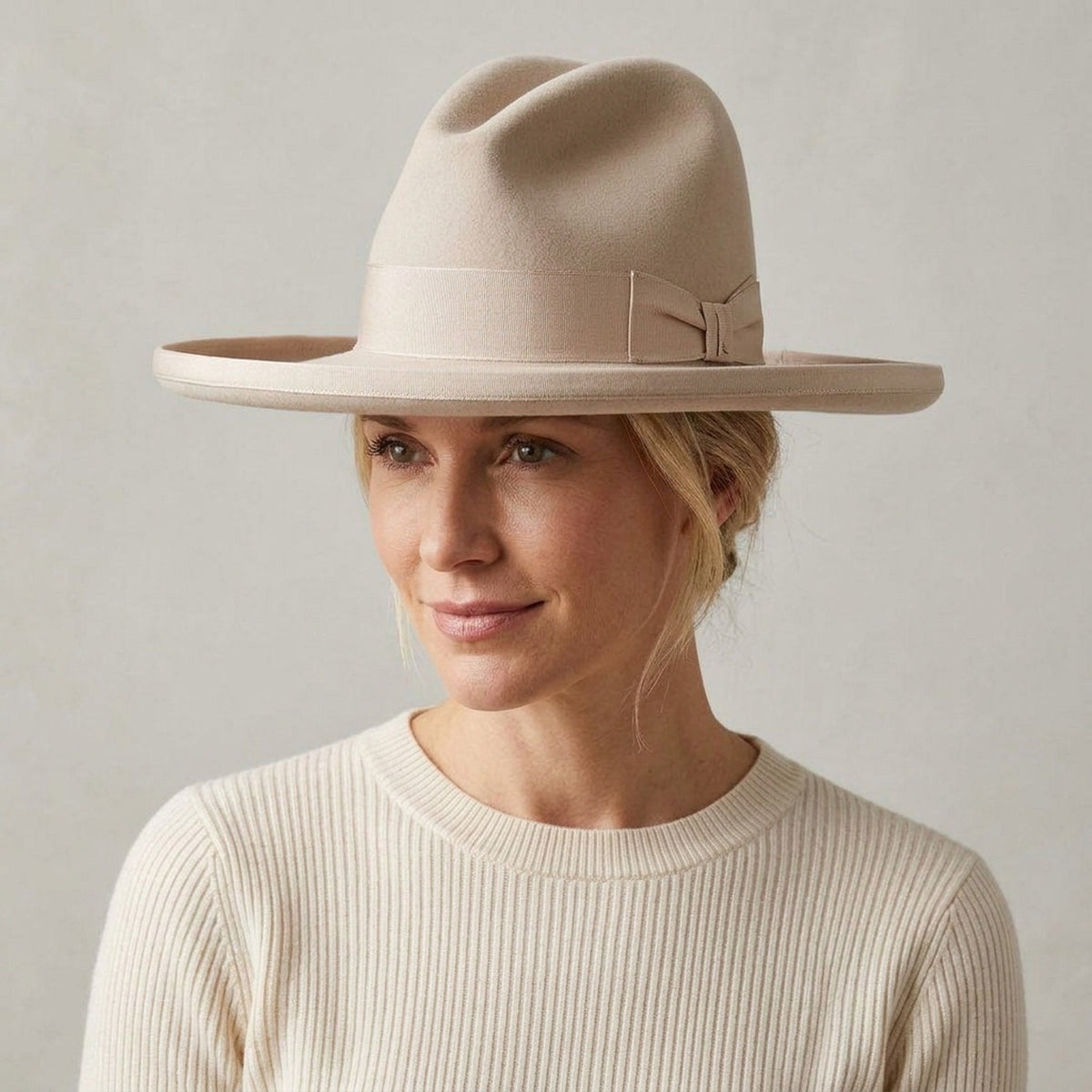 Cream Extra Wide-Brim Wool Felt Hat with Grosgrain Band