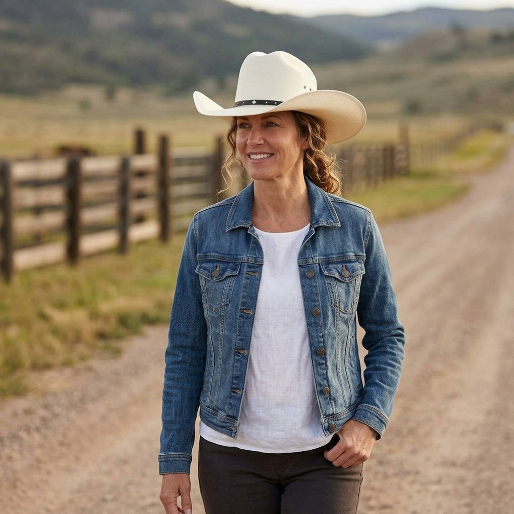 White Straw Cowboy Hat with Studded Leather Band and Concho