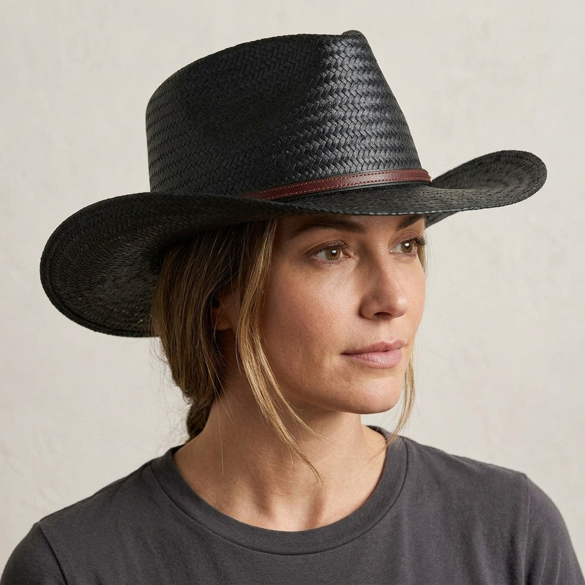 Black Woven Straw Hat With Wide Brim and Leather Band
