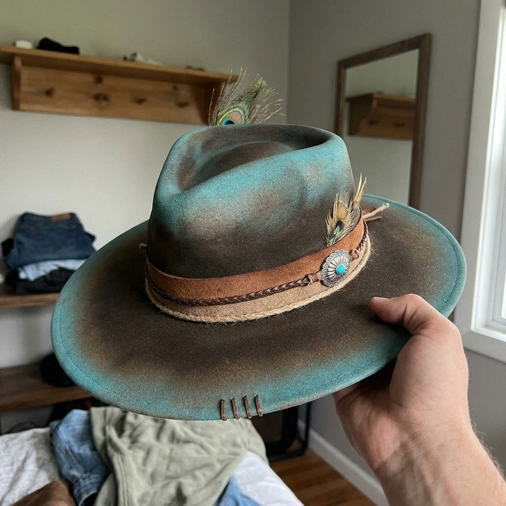 Teal Ombre Felt Western Hat Suede Band Feather Trim