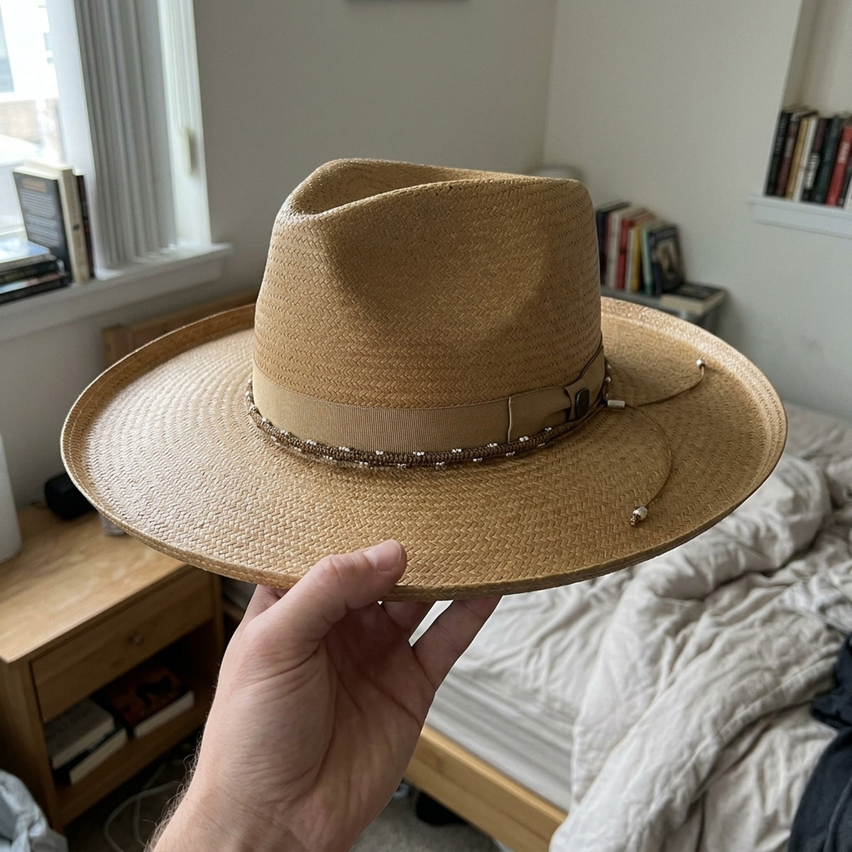 Tan Straw Western Hat with Beaded Trim Band and Curled Brim