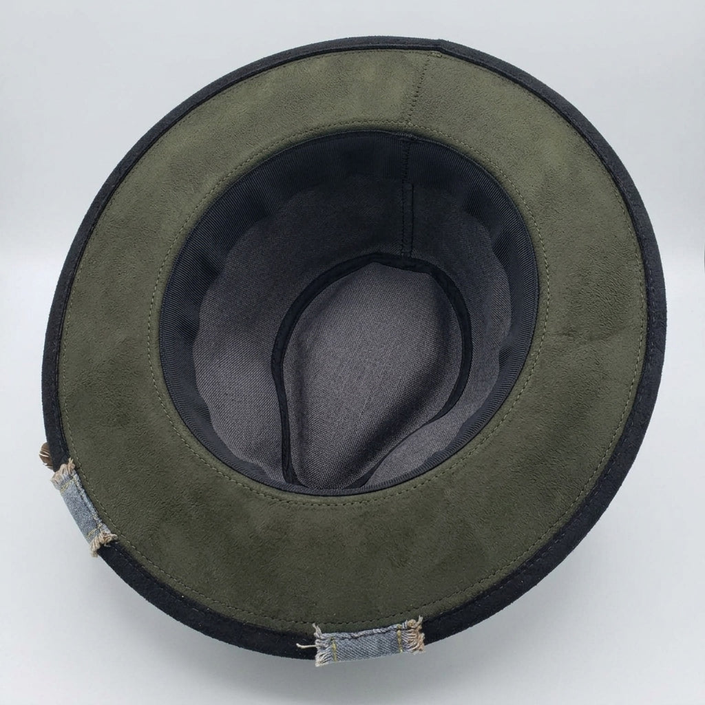 Black Painted Fedora with Perfume Bottle Art and Velvet Band