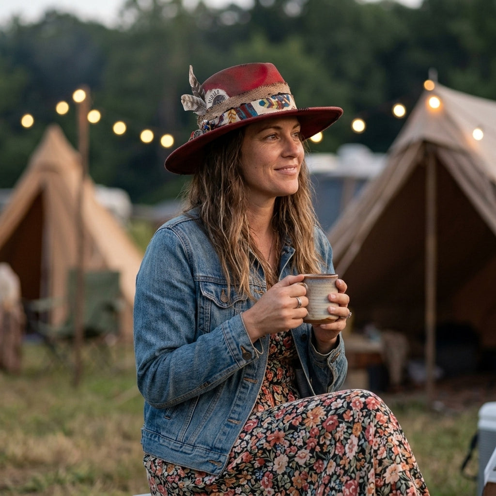 Boho Red Fedora with WILDROO Badge and Charm Details