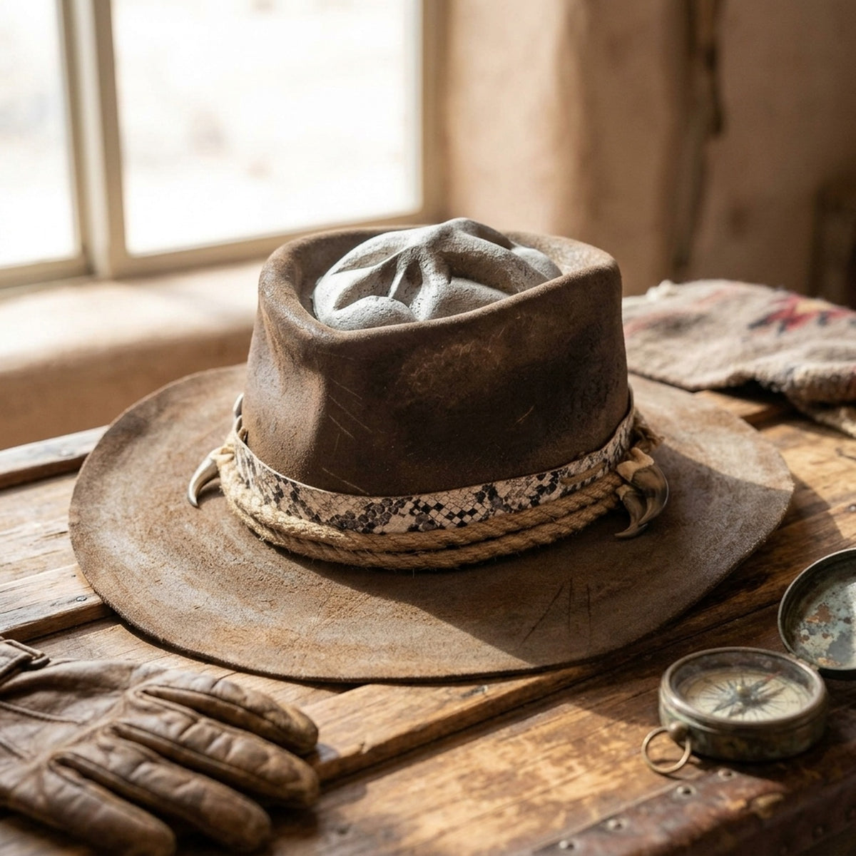 Distressed Brown Leather Western Hat with Snake Band Teeth
