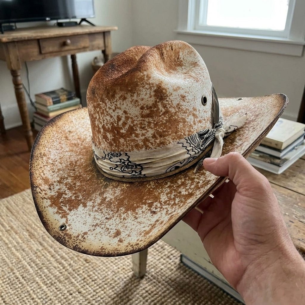 Speckled Tan Cowboy Hat with Paisley Bandana and Silver Concho