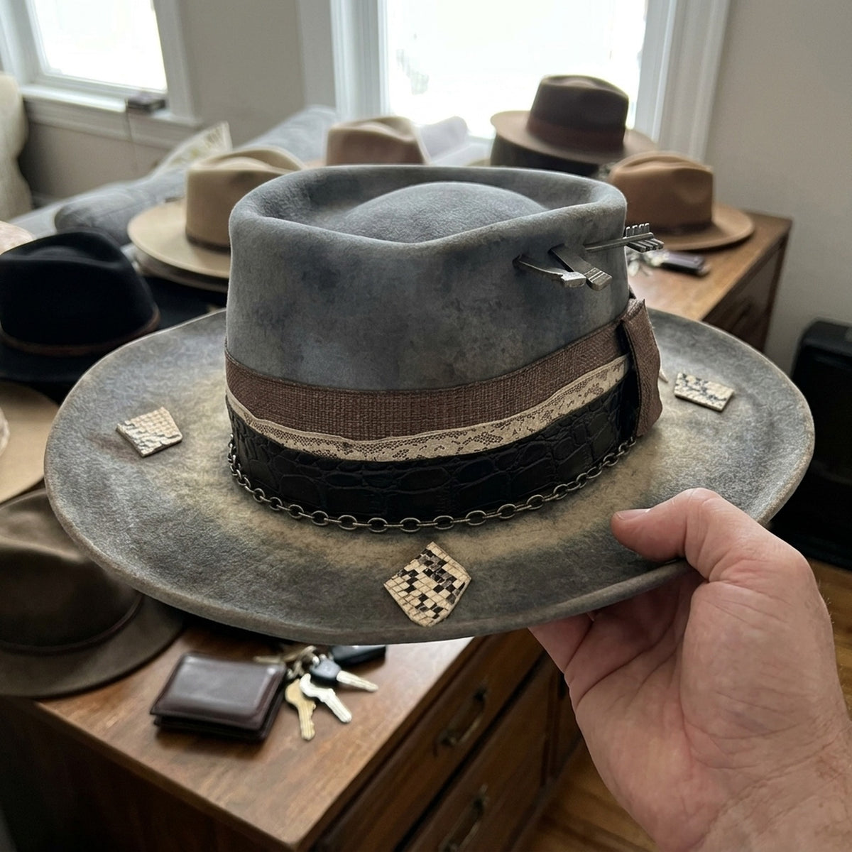 Smoke Gray Distressed Fedora with Croc Band and Arrow Details