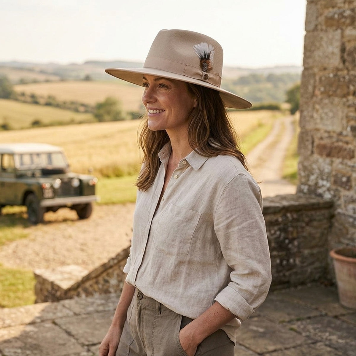 Cream Wide Brim Wool Felt Hat with Feather and Ribbon Band