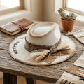 Cream Distressed Felt Fedora with Paisley Band Dried Plumes