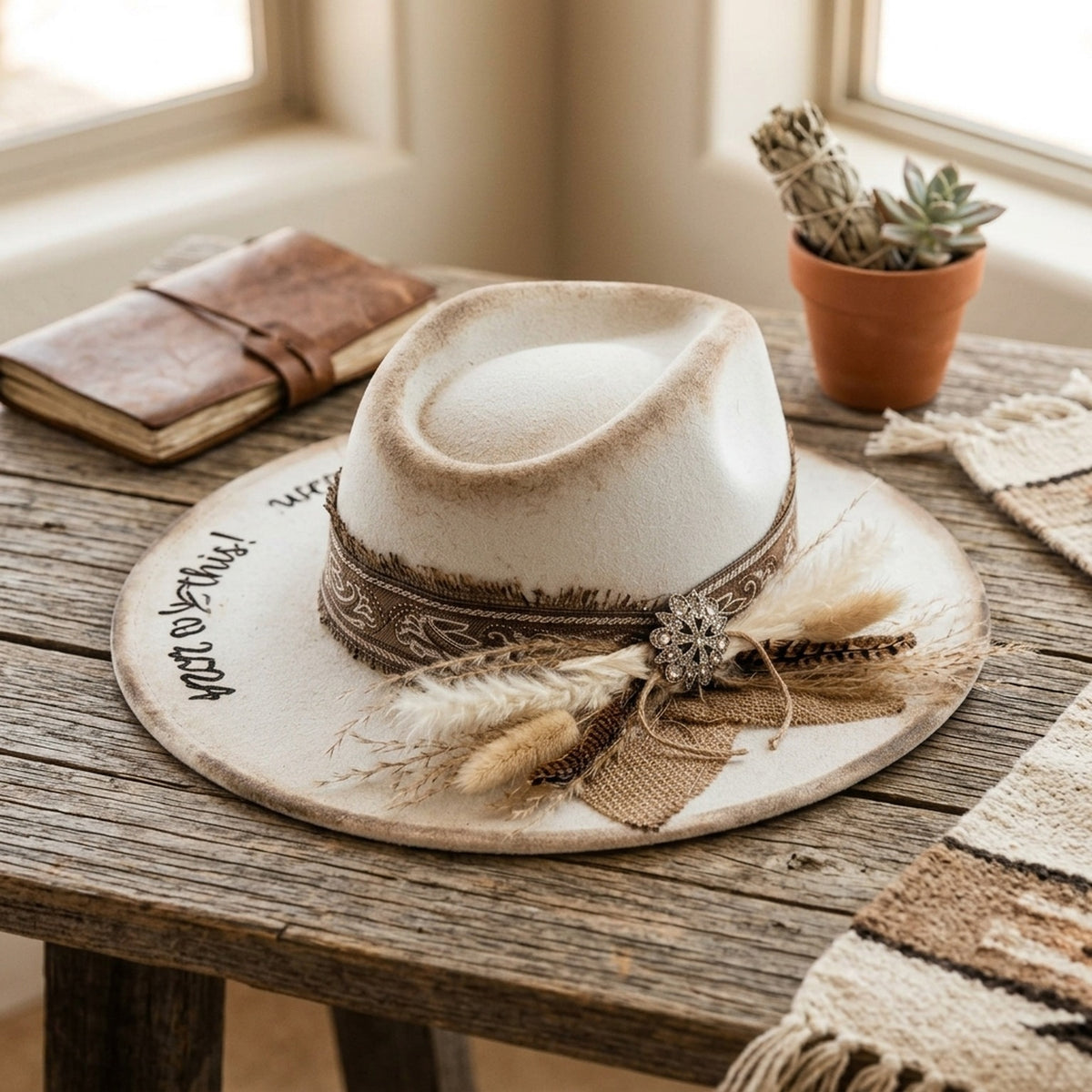 Cream Distressed Felt Fedora with Paisley Band Dried Plumes