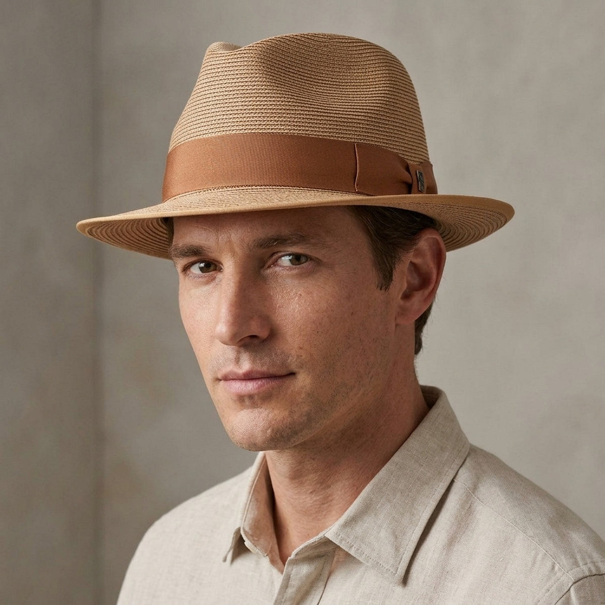 Tan Straw Fedora Hat with Wide Brim and Brown Ribbon Band