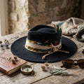 Black Wide Brim Fedora with Ribbon Band and Mixed Feathers