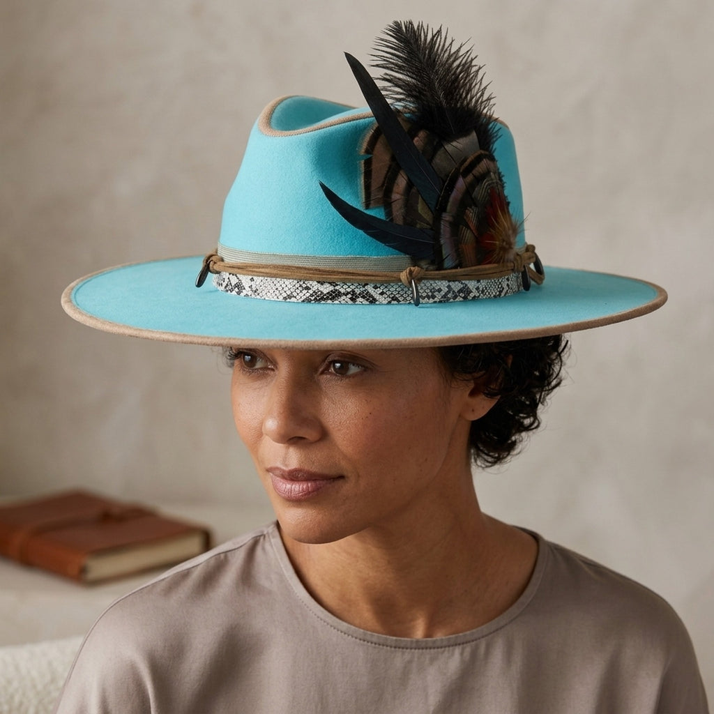 Turquoise Felt Western Hat with Feather Accent and Snake Band