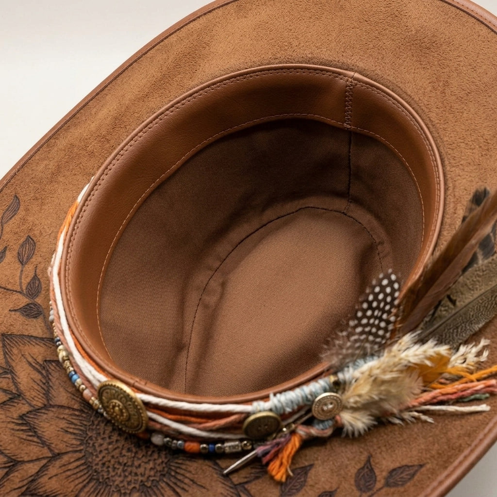 Brown Leather Western Hat with Sunflower Engraving Conchos