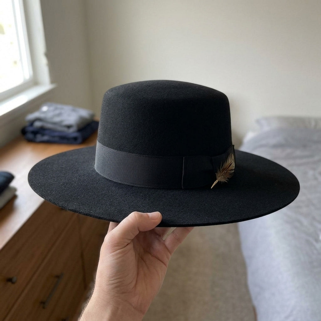 Unisex Black Wool Felt Wide Brim Hat with Minimalist Band