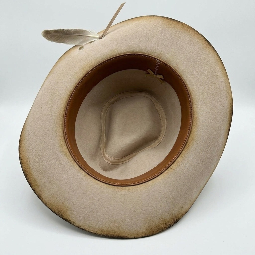 Distressed Beige Western Hat With Vintage Poster And Feather