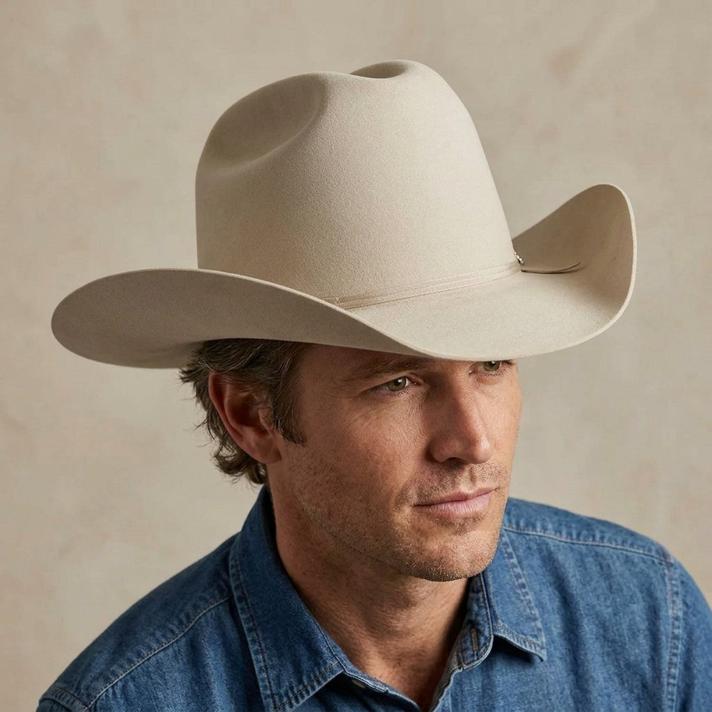 Cream Wool Felt Cowboy Hat with Feather Accent and Upturned Brim
