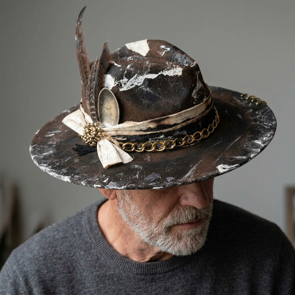 Distressed Brown Felt Western Hat with White Splatter Paint