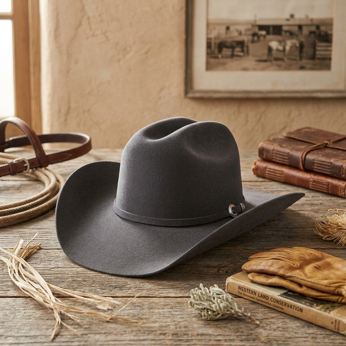 Charcoal Wool Felt Cowboy Hat with Matching Band Concho